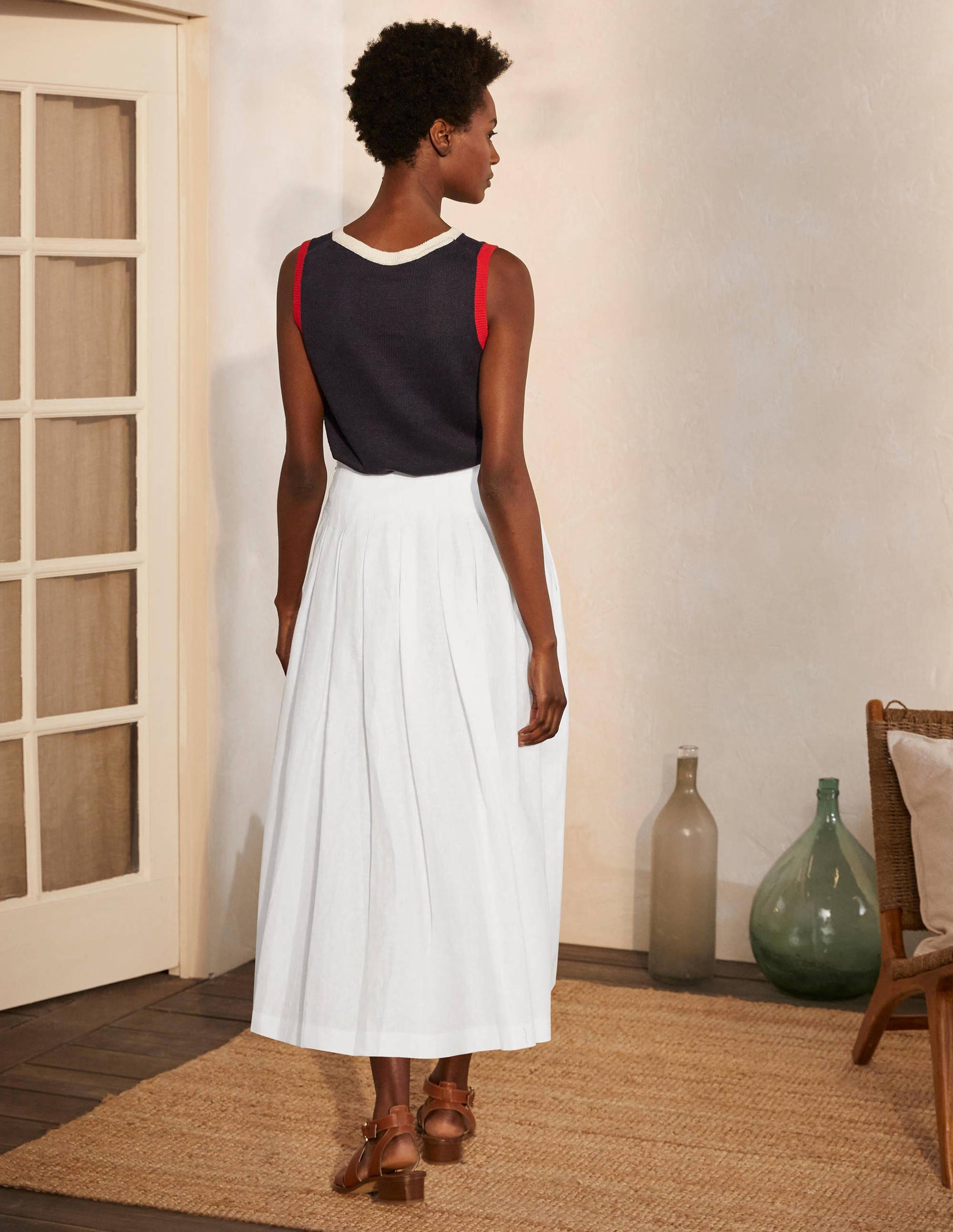 Lydia Linen Pleated Skirt-White-2