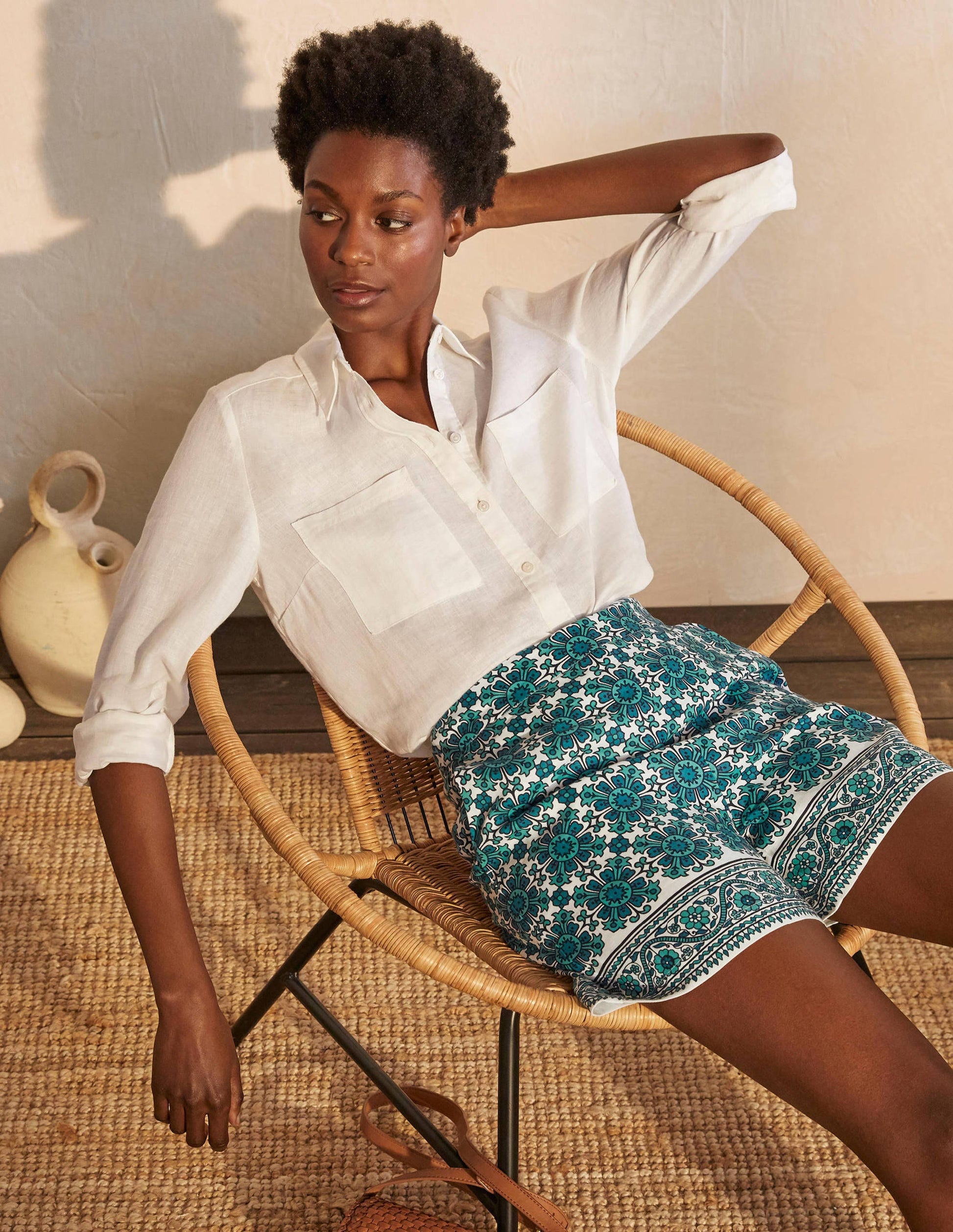 Georgina Linen Shorts-Indian Ocean, Flora Tile-4