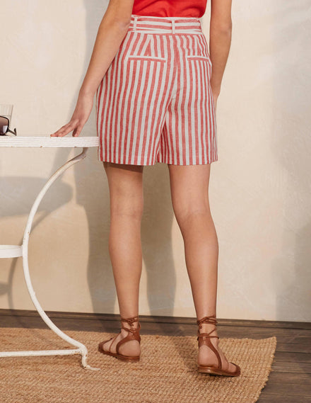 Alma Tie Waist Linen Shorts-Cherry Red Stripe
