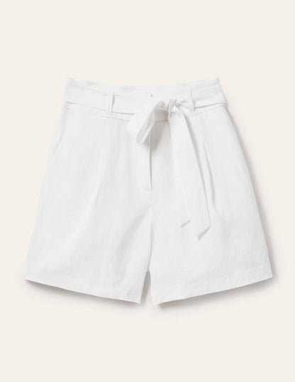 Alma Tie Waist Linen Shorts-White-6