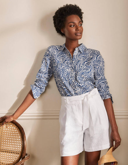 Alma Tie Waist Linen Shorts-White