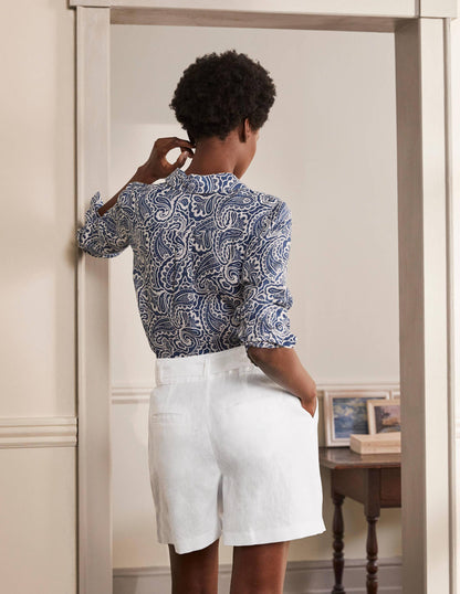 Alma Tie Waist Linen Shorts-White-3
