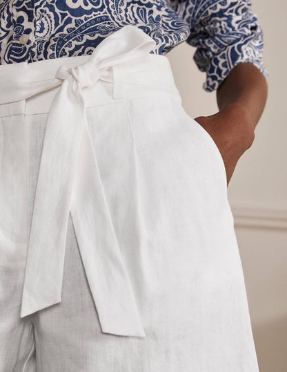 Alma Tie Waist Linen Shorts-White-4