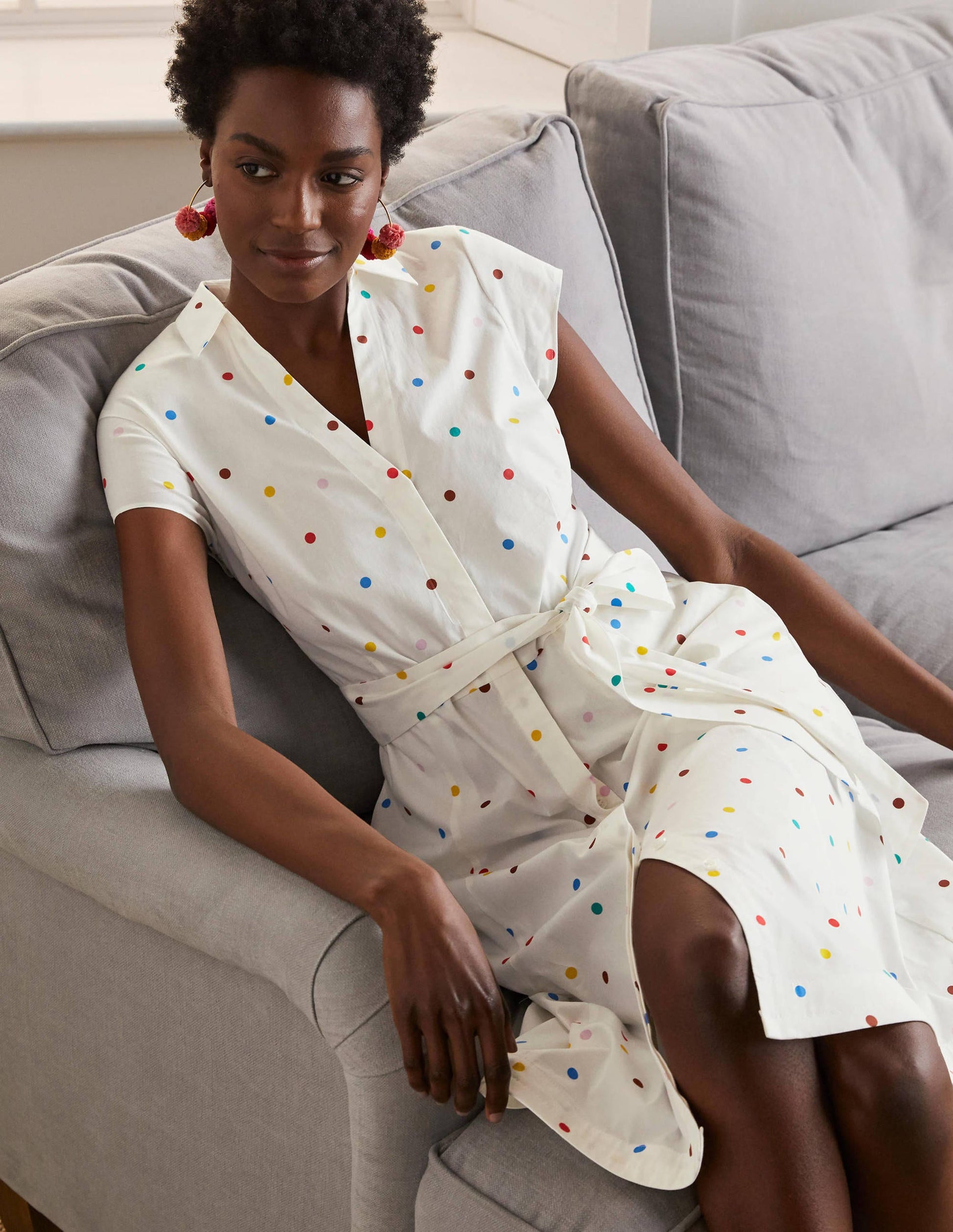 Short Sleeve Shirt Dress-Ivory, polka dot-5