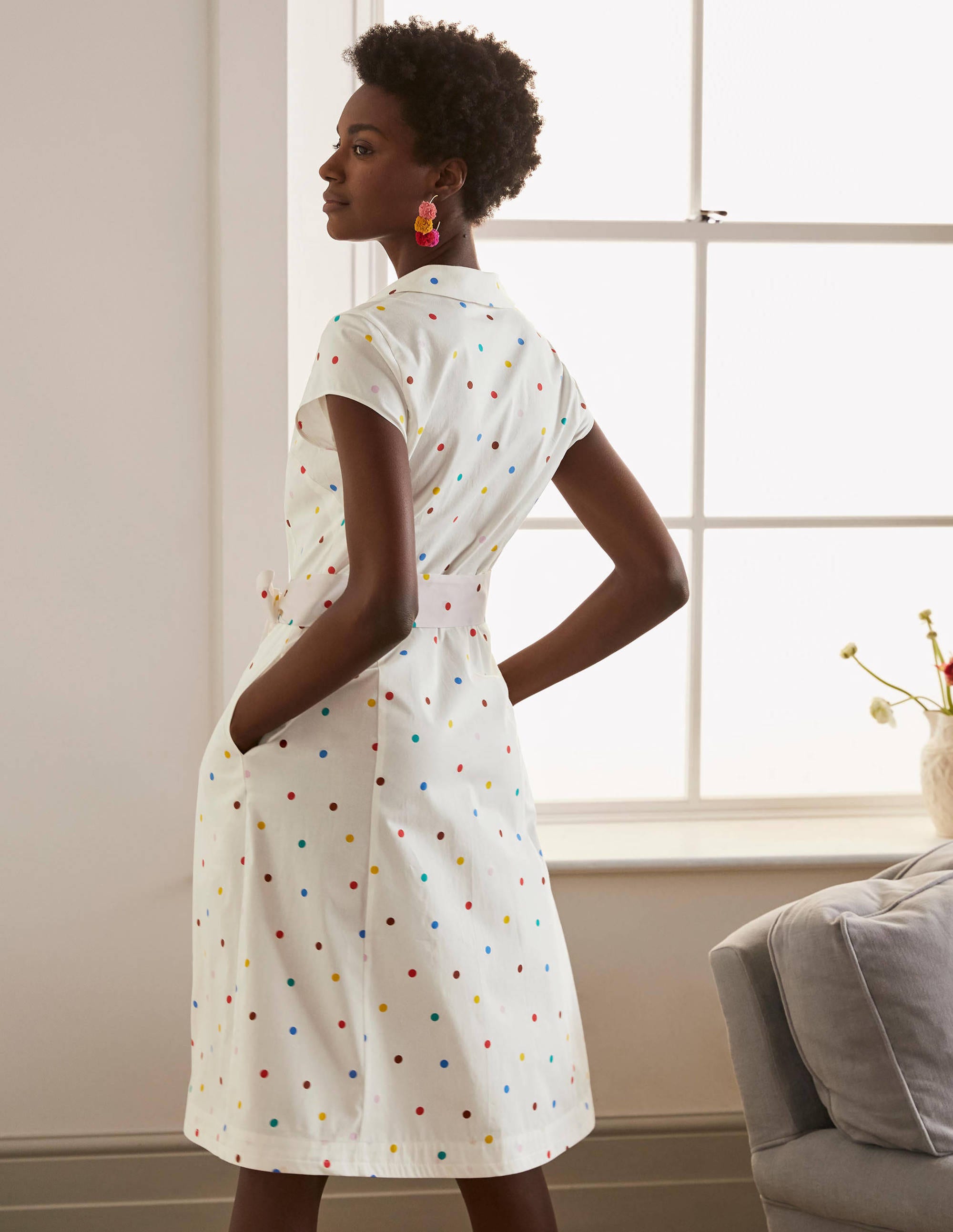 Short Sleeve Shirt Dress-Ivory, polka dot - Image 2