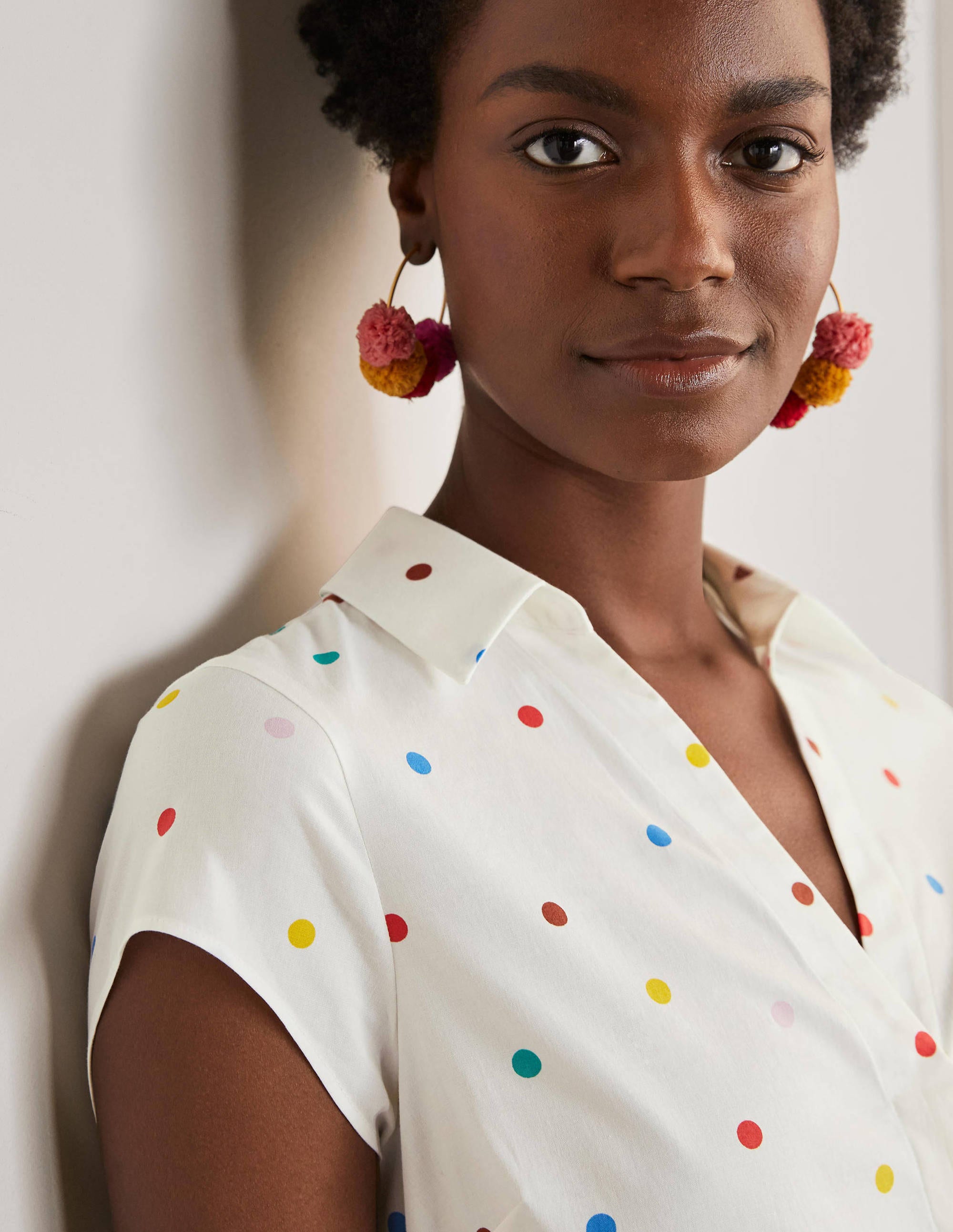 Short Sleeve Shirt Dress-Ivory, polka dot - Image 3