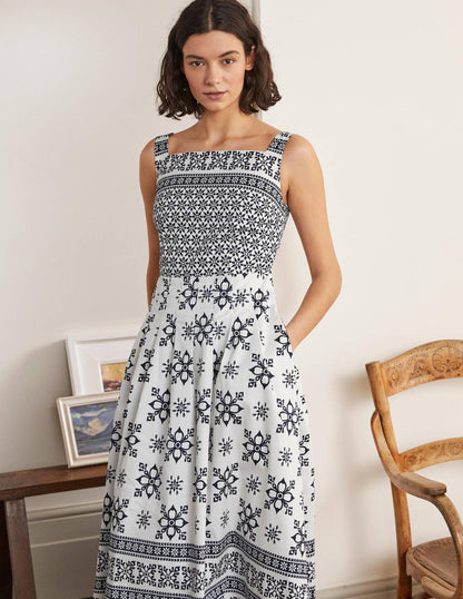 Aubrey Cotton Midi Dress-Ivory, Starflower Tile Border-1