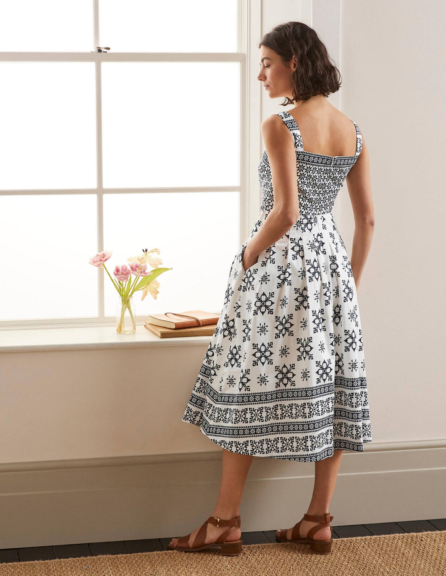 Aubrey Cotton Midi Dress-Ivory, Starflower Tile Border