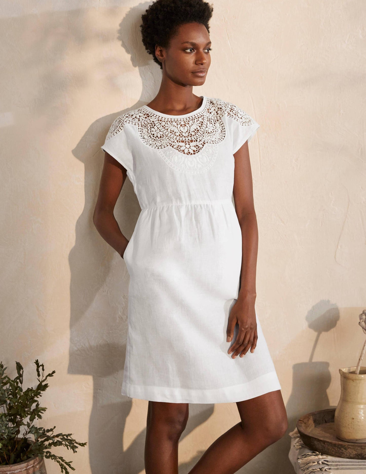 Fleur Embroidered Linen Dress-White