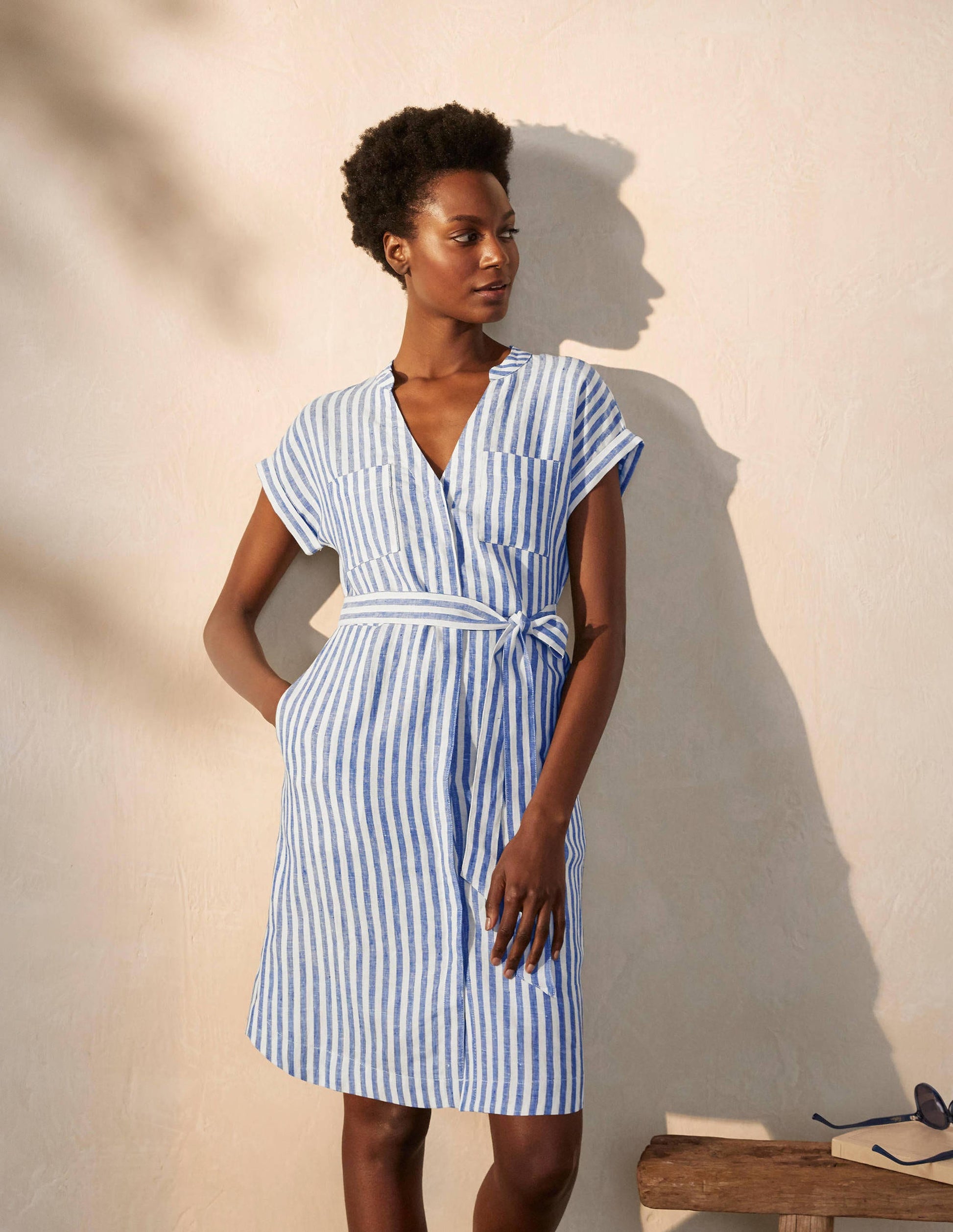 Evie Linen Shirt Dress-Summit Stripe-4