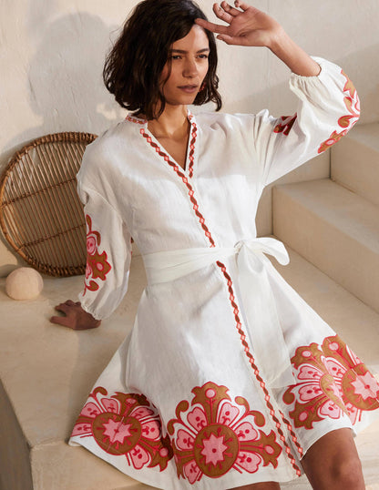 Amber Embroidered Linen Dress-White