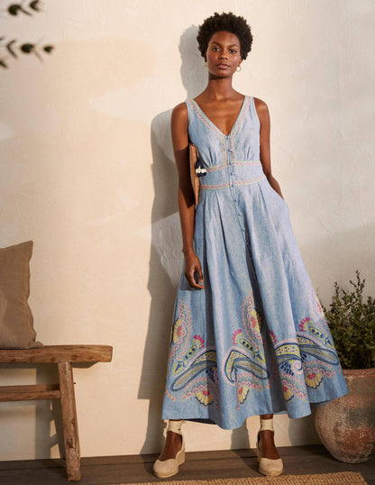 Jemima Linen Midi Dress-Grey Blue Chambray