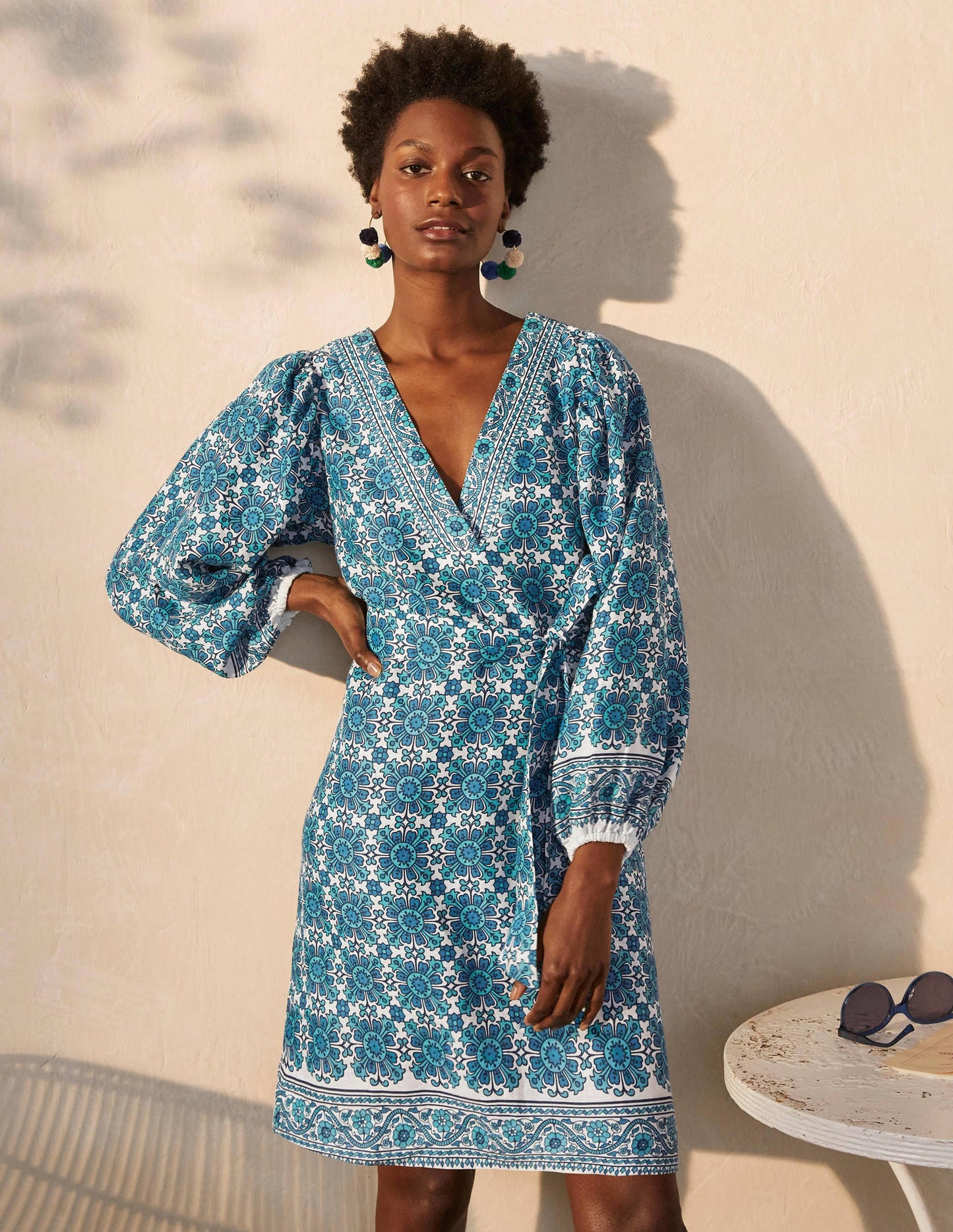 Bridget Belted Linen Dress-Indian Ocean, Flora Tile