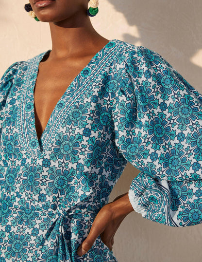 Bridget Belted Linen Dress-Indian Ocean, Flora Tile-1