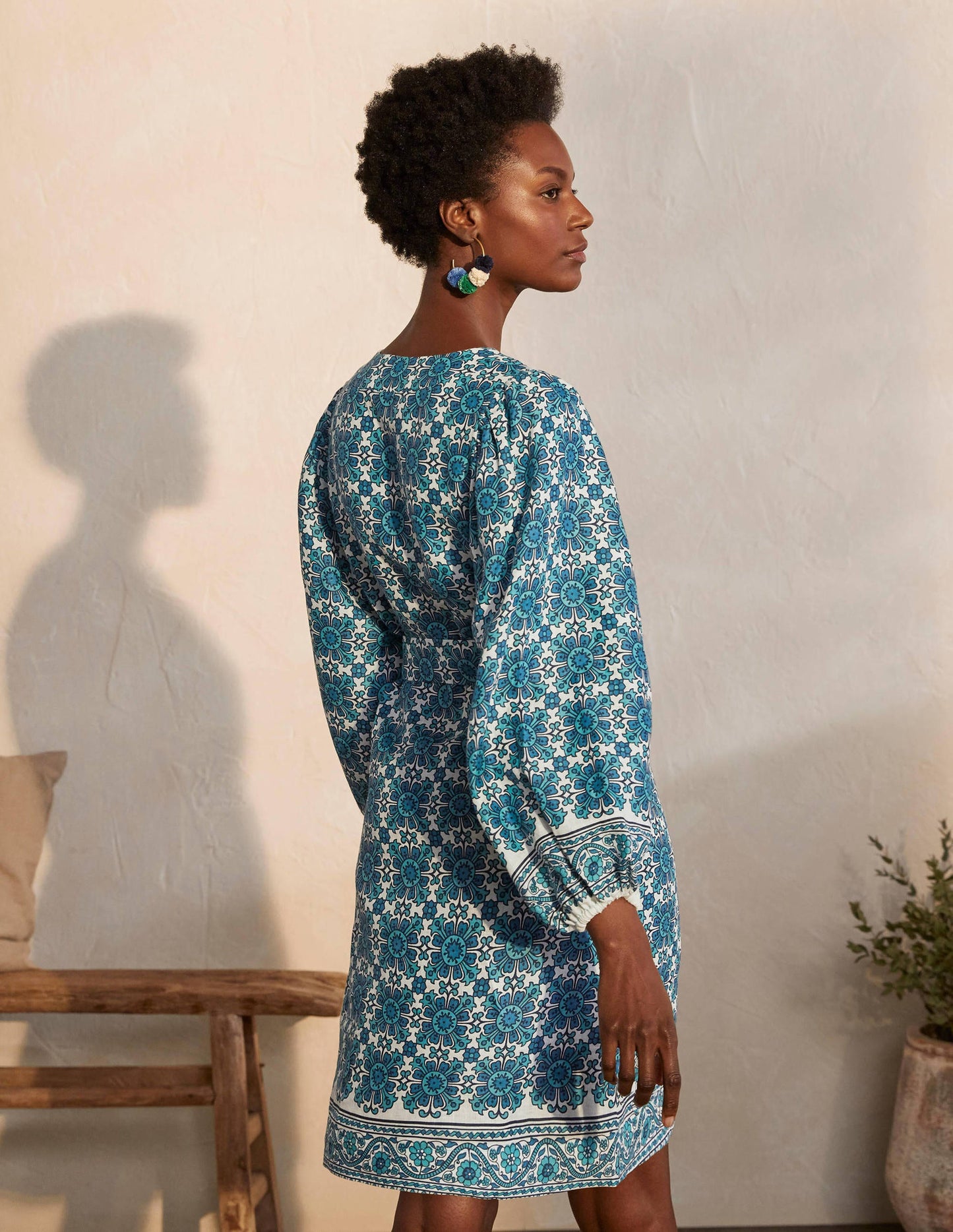 Bridget Belted Linen Dress-Indian Ocean, Flora Tile