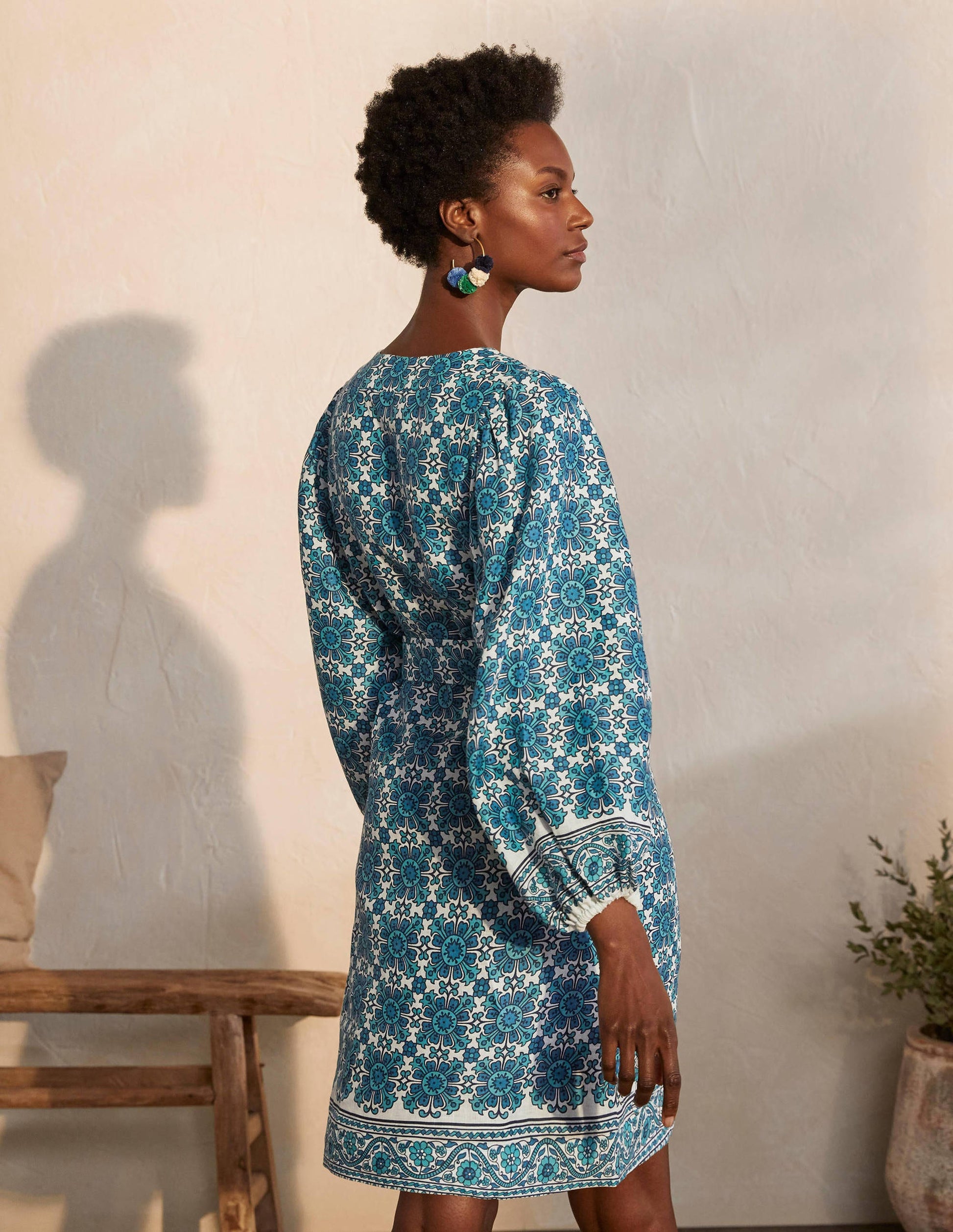 Bridget Belted Linen Dress-Indian Ocean, Flora Tile-2