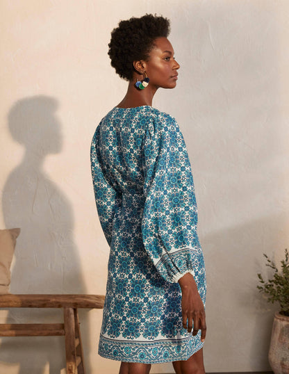 Bridget Belted Linen Dress-Indian Ocean, Flora Tile-2