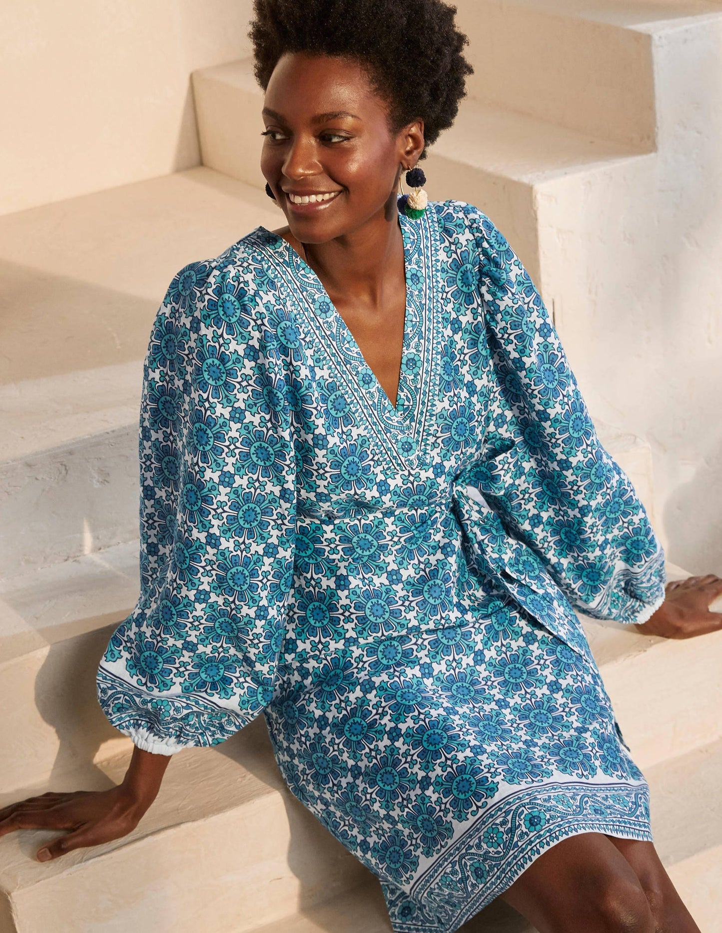 Bridget Belted Linen Dress-Indian Ocean, Flora Tile