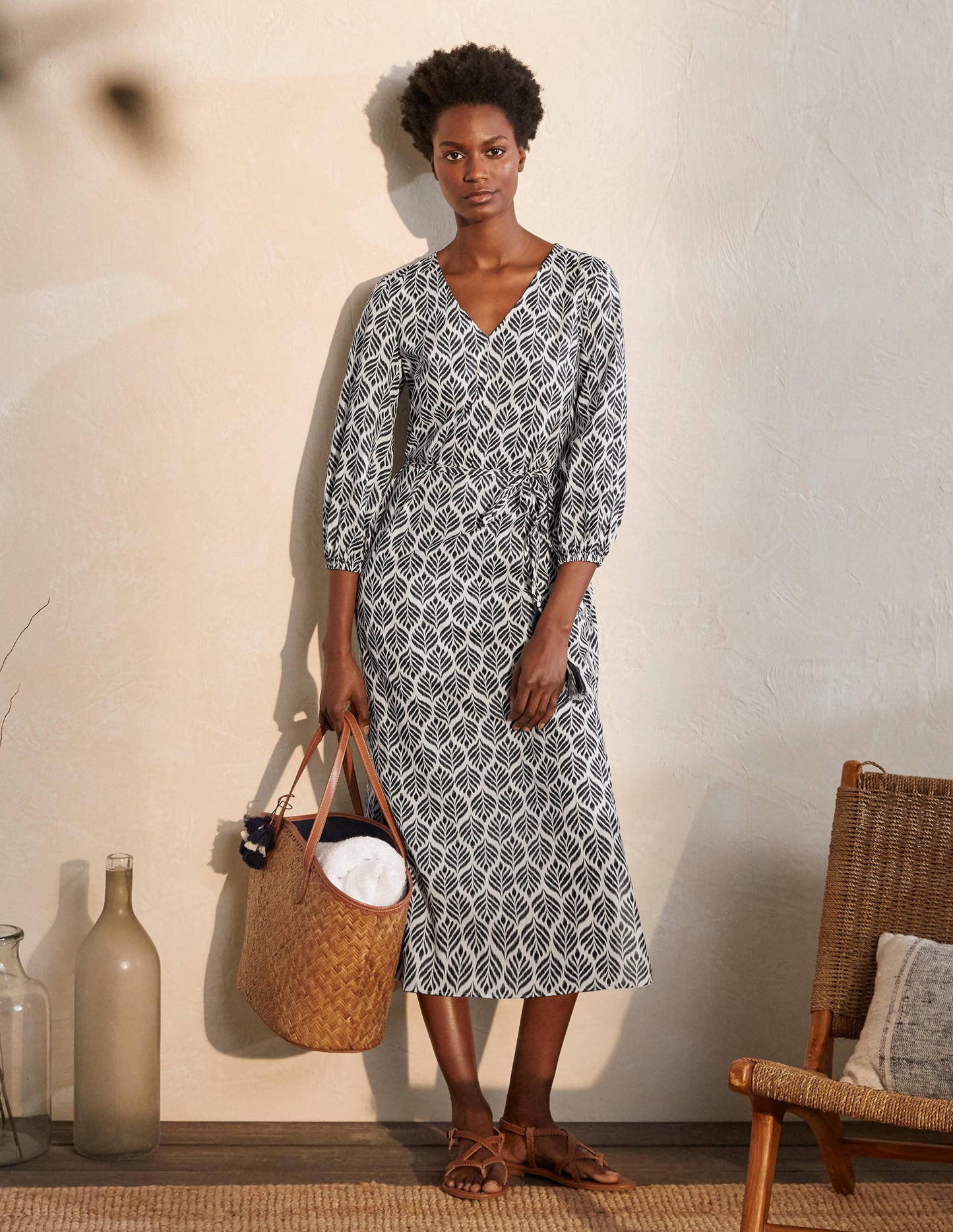 Daria Cotton Midi Dress-Ivory, Palm Tile