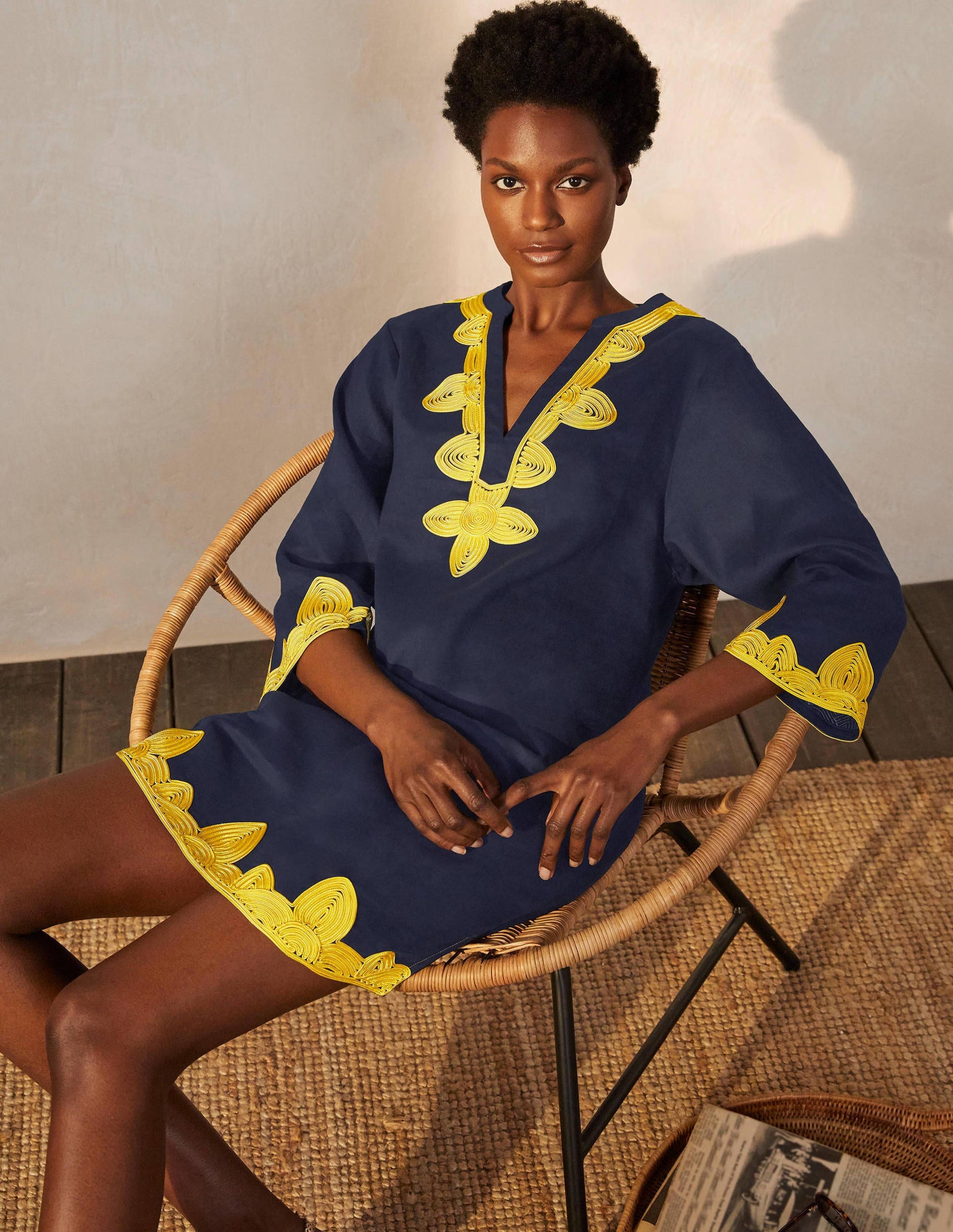 Bella Embroidered Linen Dress-Navy/Daffodil-1