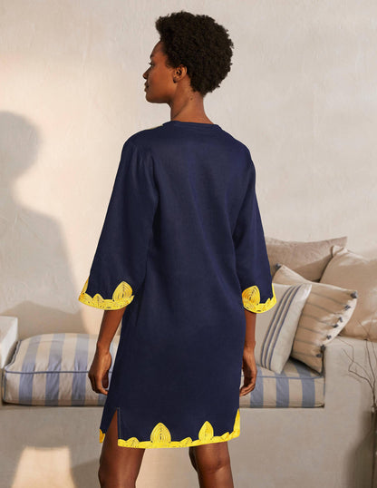 Bella Embroidered Linen Dress-Navy/Daffodil-2