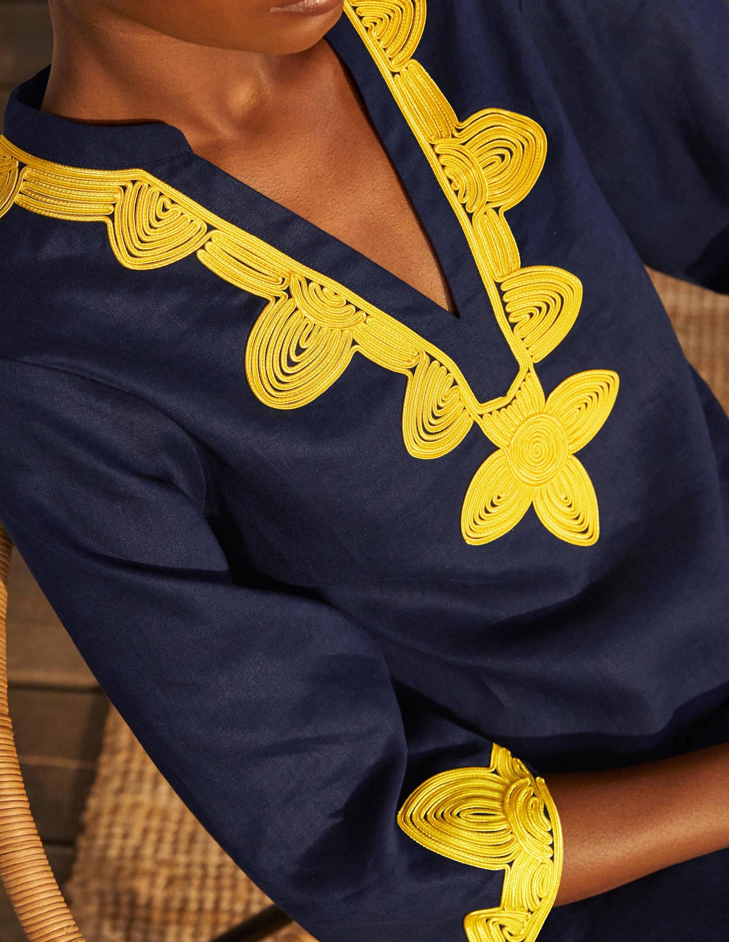 Bella Embroidered Linen Dress-Navy/Daffodil