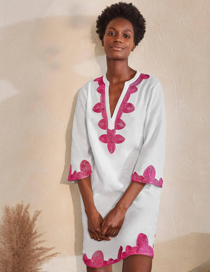 Bella Embroidered Linen Dress-White/Party Pink-5
