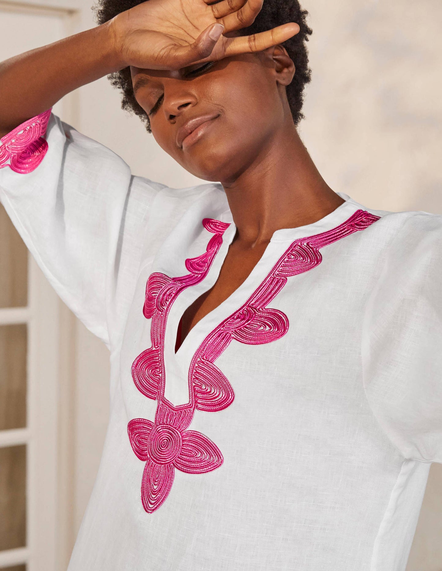 Bella Embroidered Linen Dress-White/Party Pink