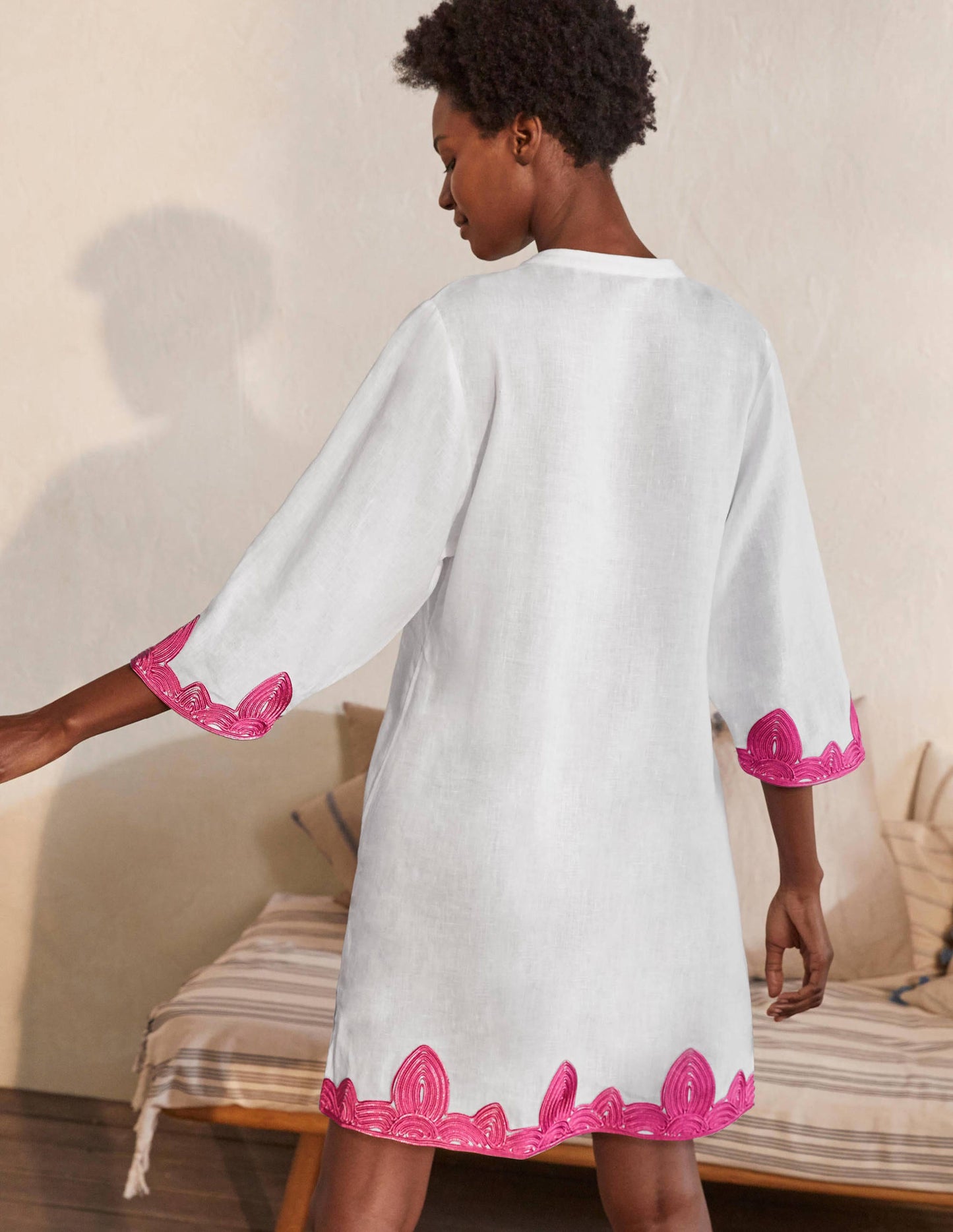 Bella Embroidered Linen Dress-White/Party Pink