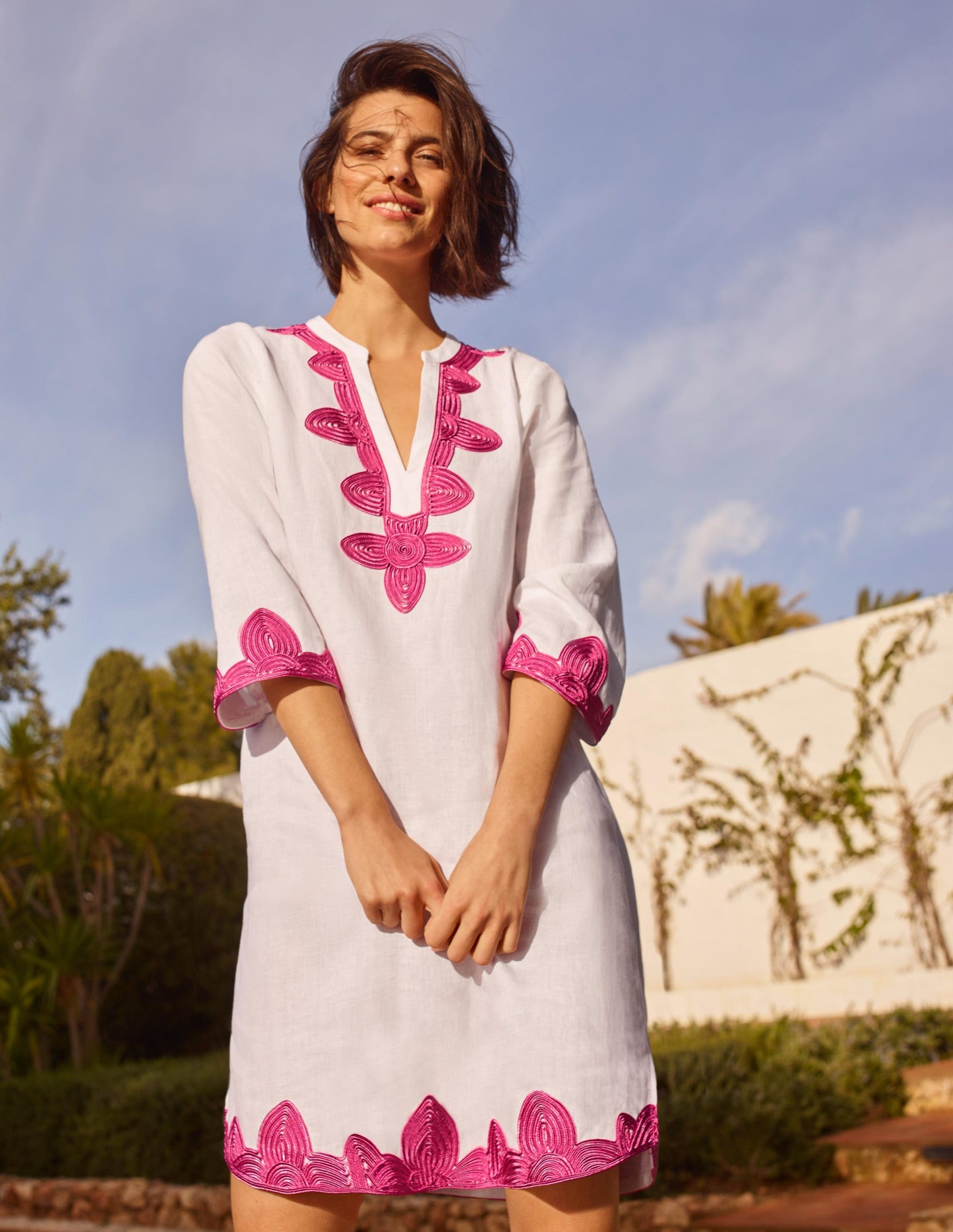 Bella Embroidered Linen Dress-White/Party Pink