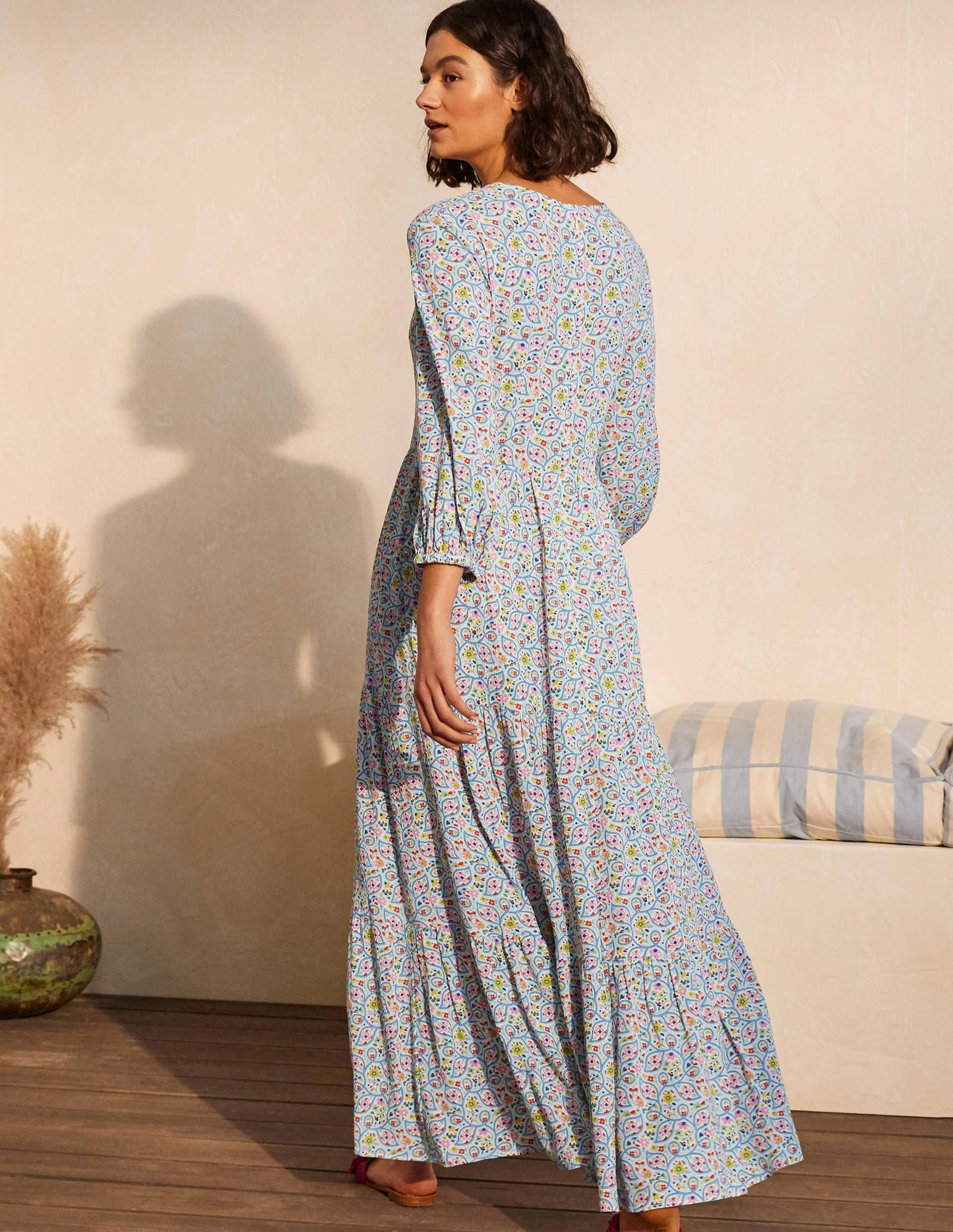 Blouson Sleeve Maxi Dress-Ivory, Leafy Floral