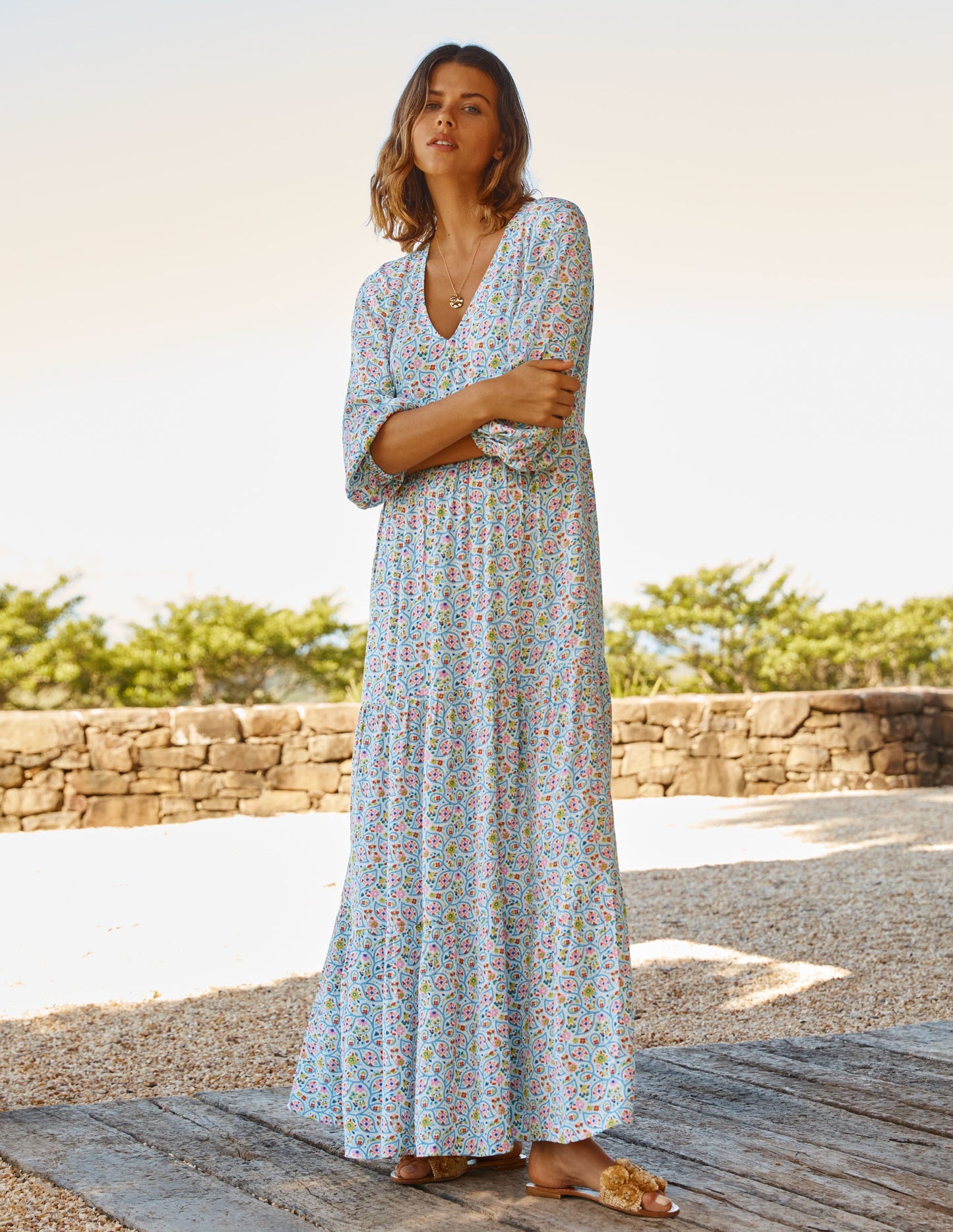 Blouson Sleeve Maxi Dress-Ivory, Leafy Floral