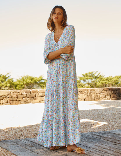 Blouson Sleeve Maxi Dress-Ivory, Leafy Floral-4
