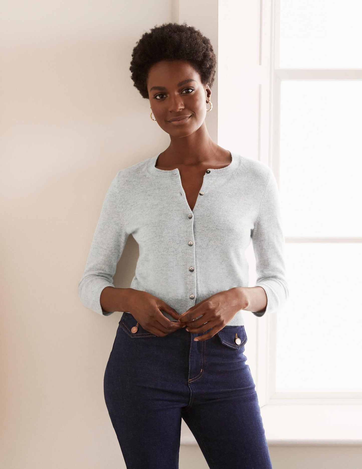 Cashmere Crop Cardigan-Grey Melange