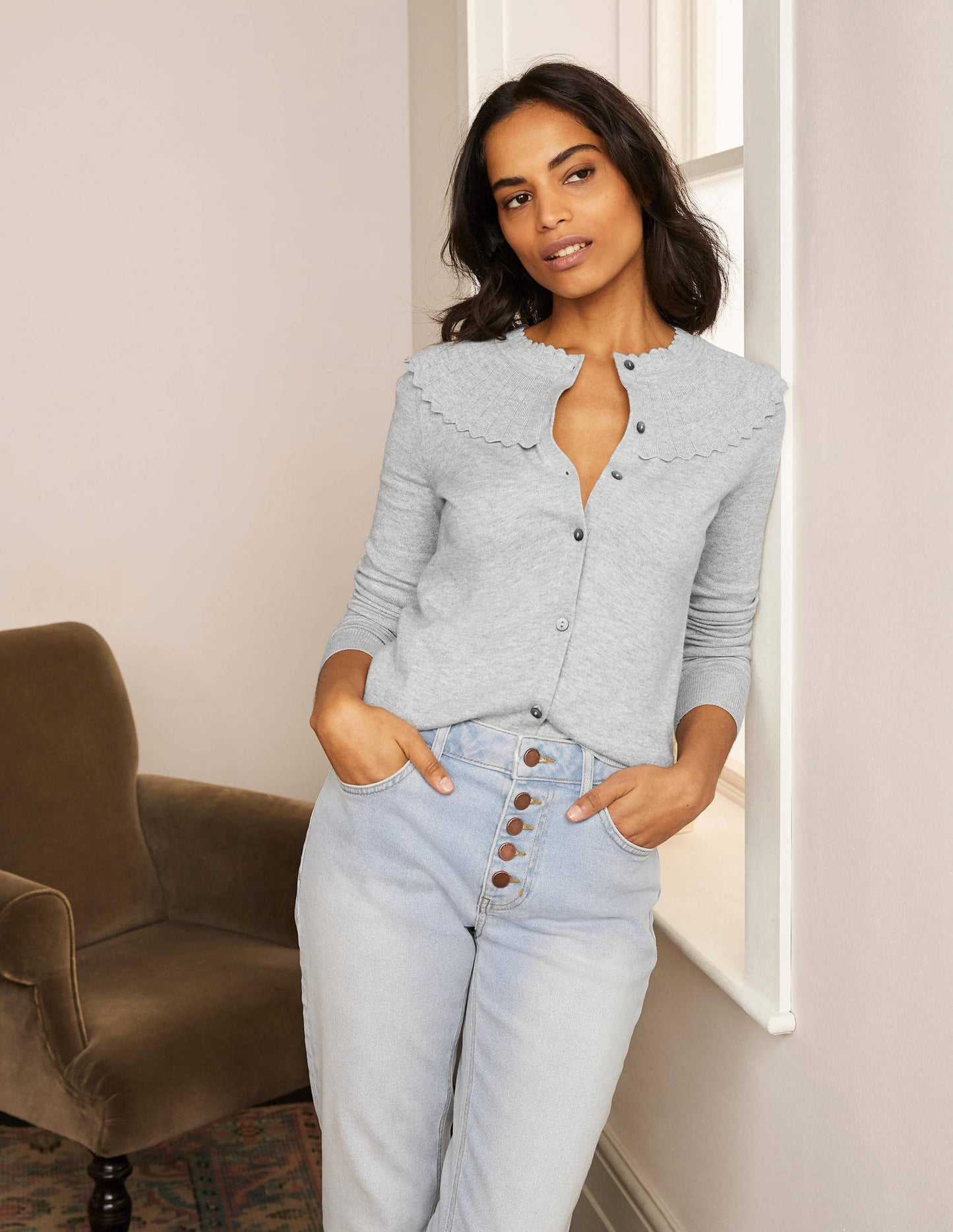 Abercorn Scallop Cardigan-Grey Melange