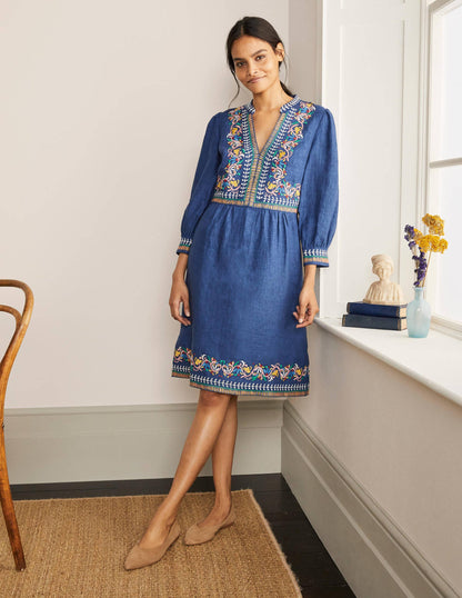 Dakota Embroidered Linen Dress-Mid Blue Delave-5