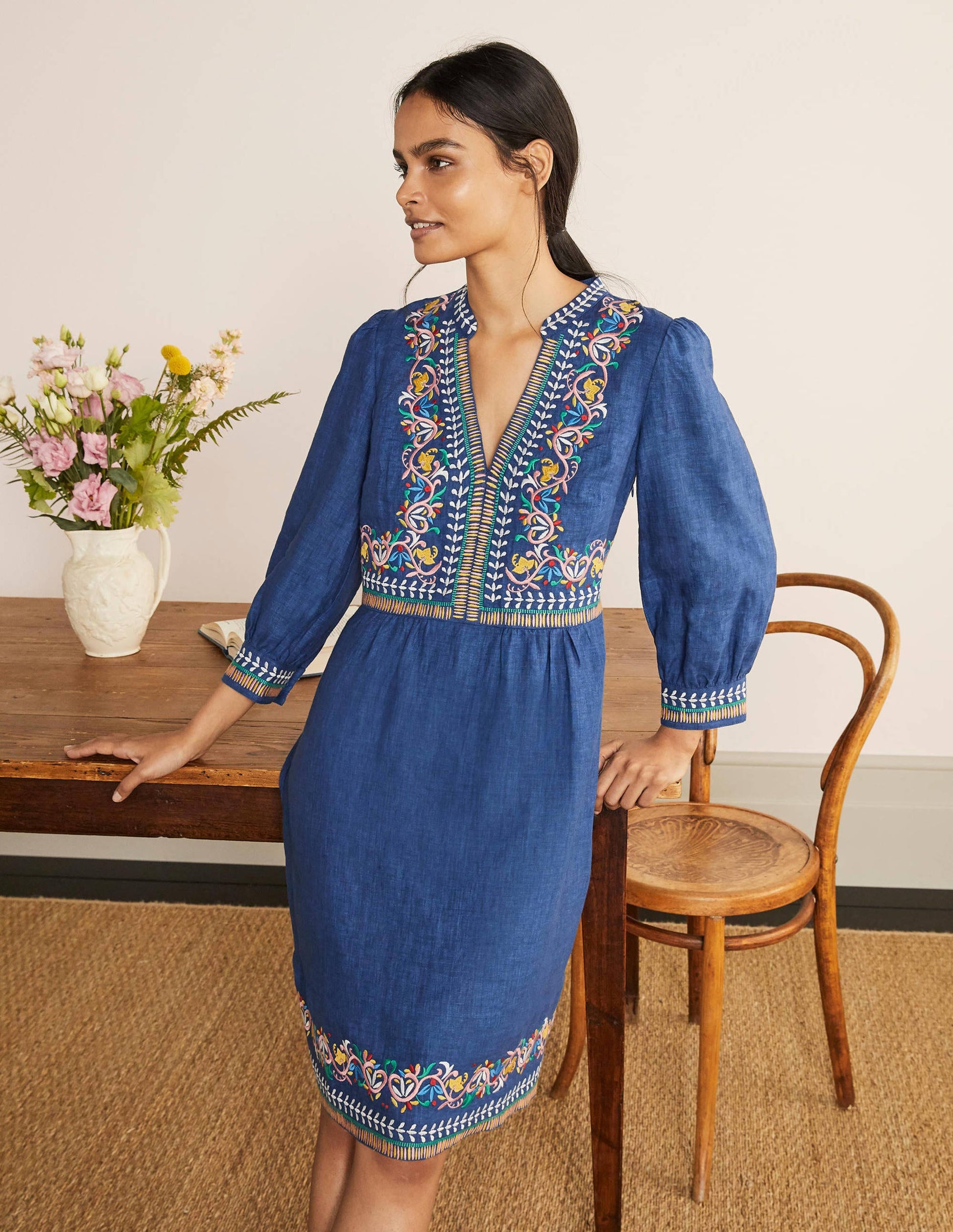 Dakota Embroidered Linen Dress-Mid Blue Delave-1
