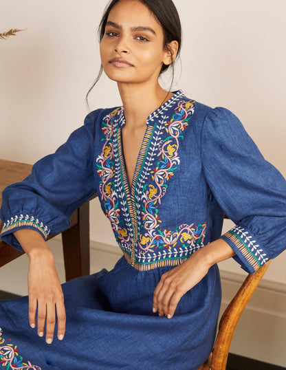 Dakota Embroidered Linen Dress-Mid Blue Delave-3