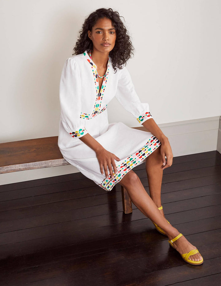 Dakota Embroidered Linen Dress-White