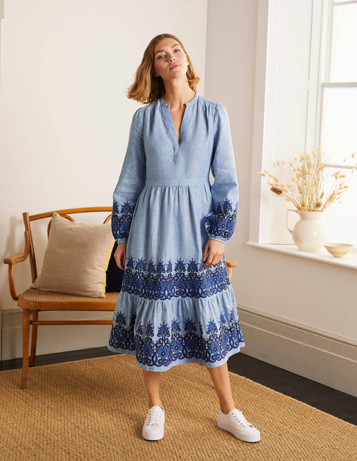 Eden Embroidered Linen Dress-Grey Blue Chambray