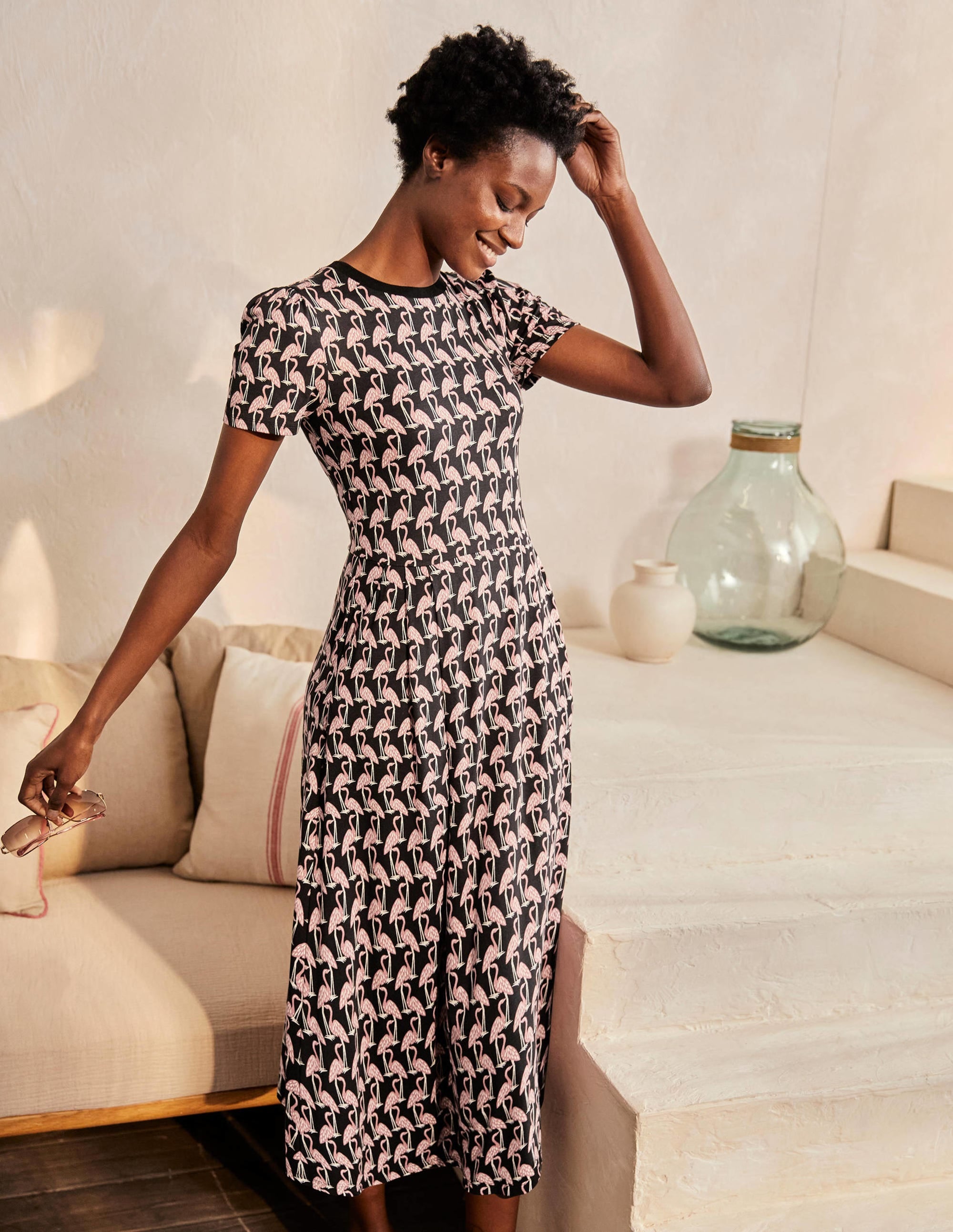 Lucinda Jersey Midi Dress-Black, Tropical Flamingo - Image 2