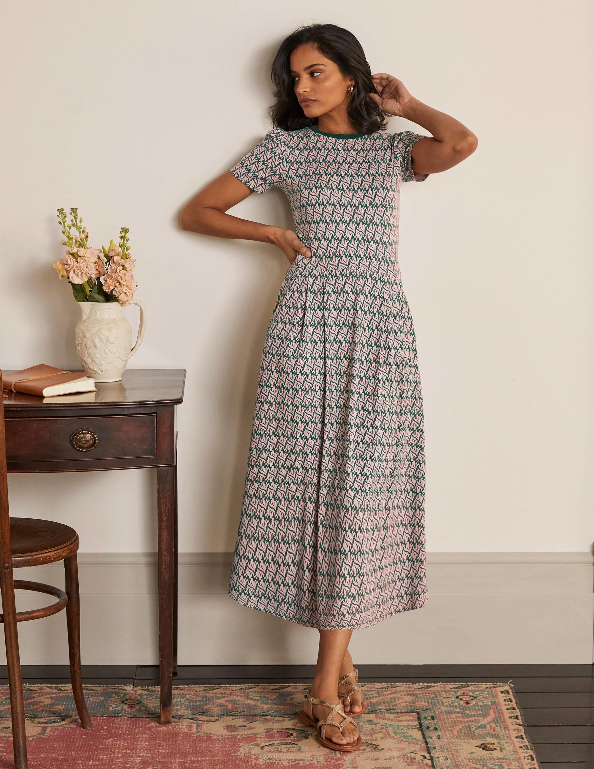 Lucinda Jersey Midi Dress-Palm Leaf, Swaying Coral - Image 1