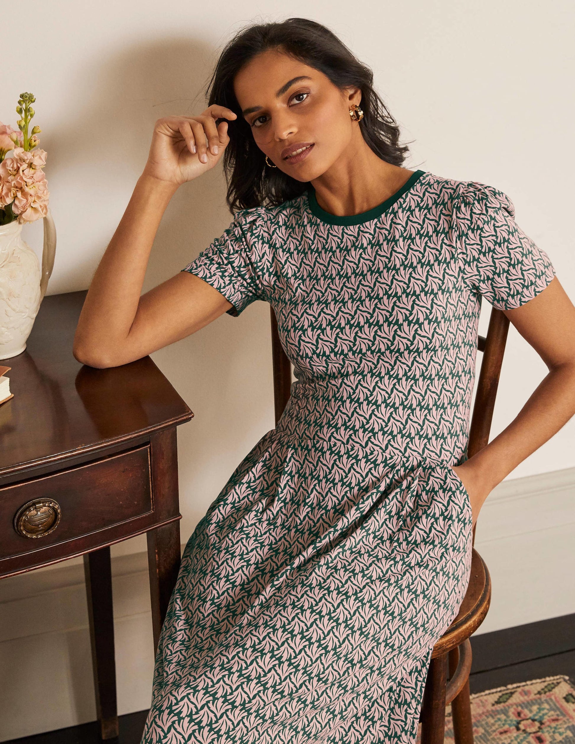 Lucinda Jersey Midi Dress-Palm Leaf, Swaying Coral-2