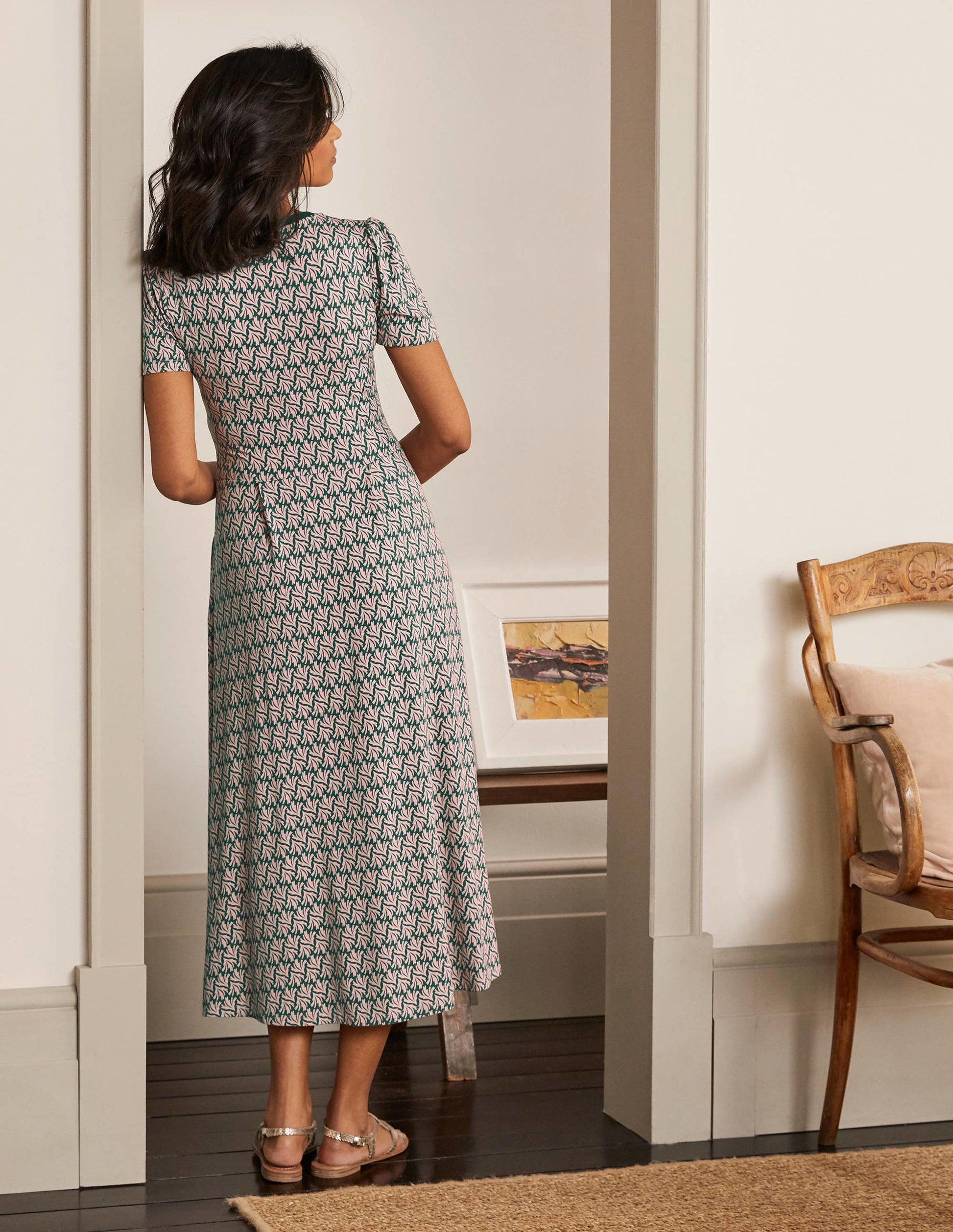 Lucinda Jersey Midi Dress-Palm Leaf, Swaying Coral-3