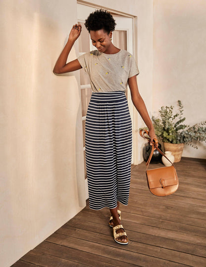 Ruched Waist Skirt-Ivory/Navy Stripe