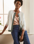 Stripe Trim Linen Cardigan-Ivory Colourblock