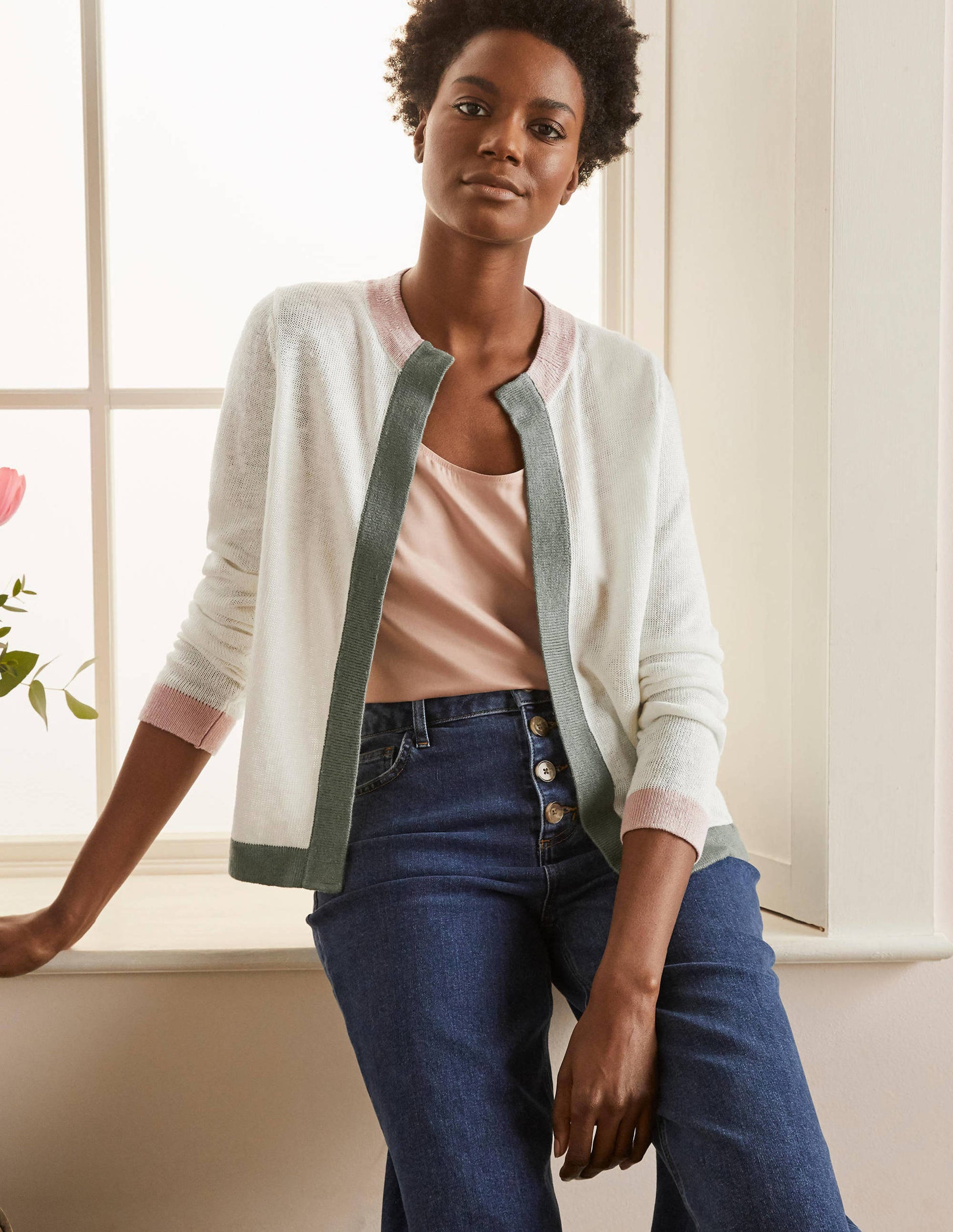 Stripe Trim Linen Cardigan-Ivory Colourblock-1