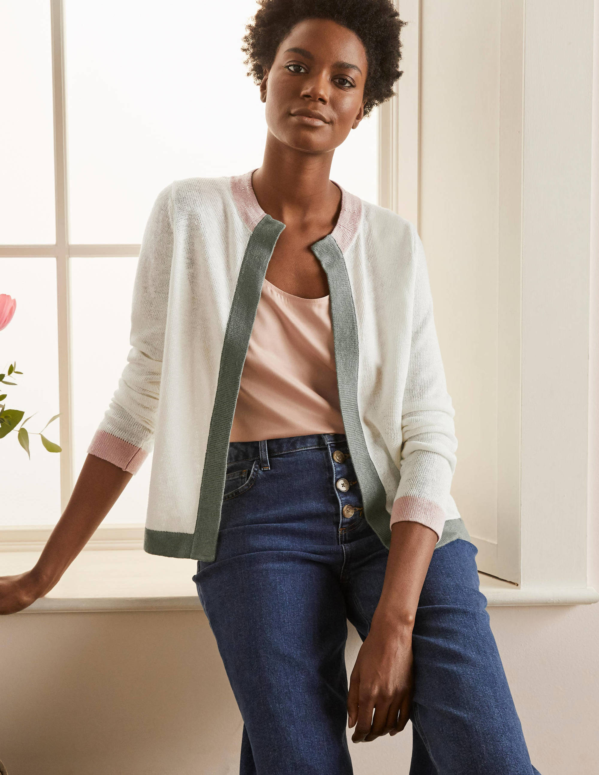 Stripe Trim Linen Cardigan-Ivory Colourblock - Image 1