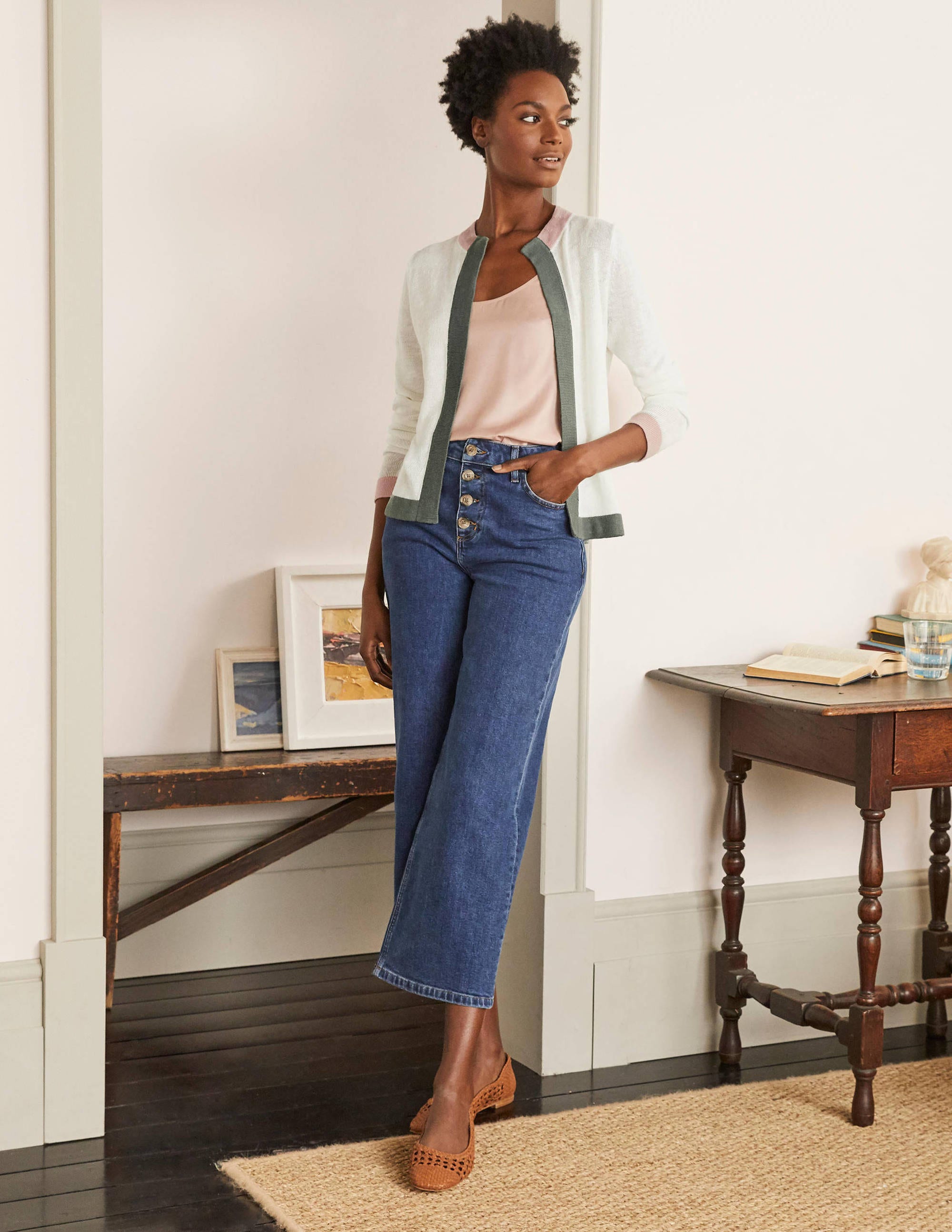 Stripe Trim Linen Cardigan-Ivory Colourblock - Image 2