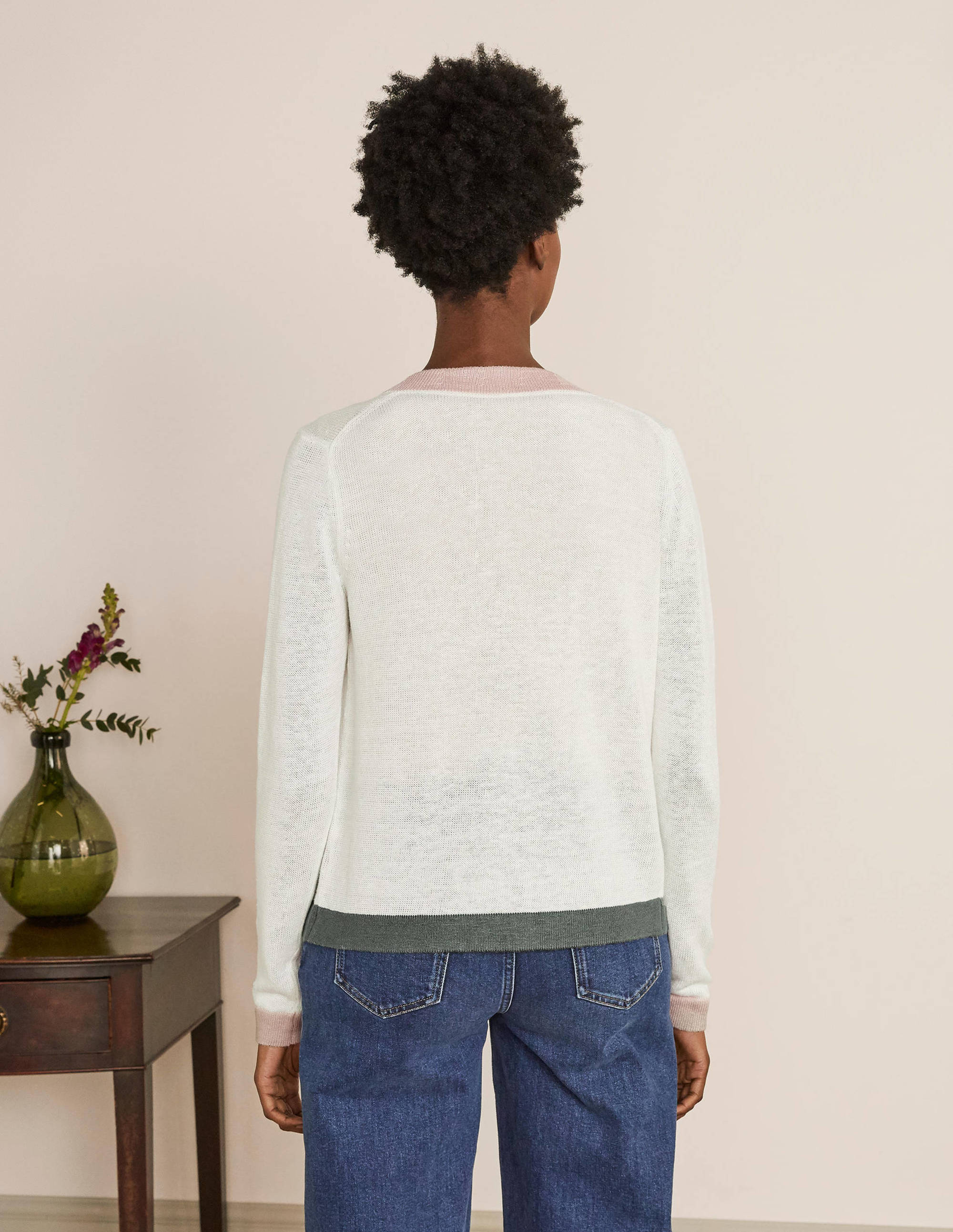 Stripe Trim Linen Cardigan-Ivory Colourblock - Image 3